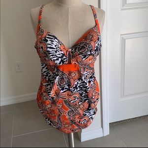 CACIQUE SWIM ORANGE PAISLEY ANIMAL PRINT TANKINI TOP EUC SZ 38D SUMMER CRUISE